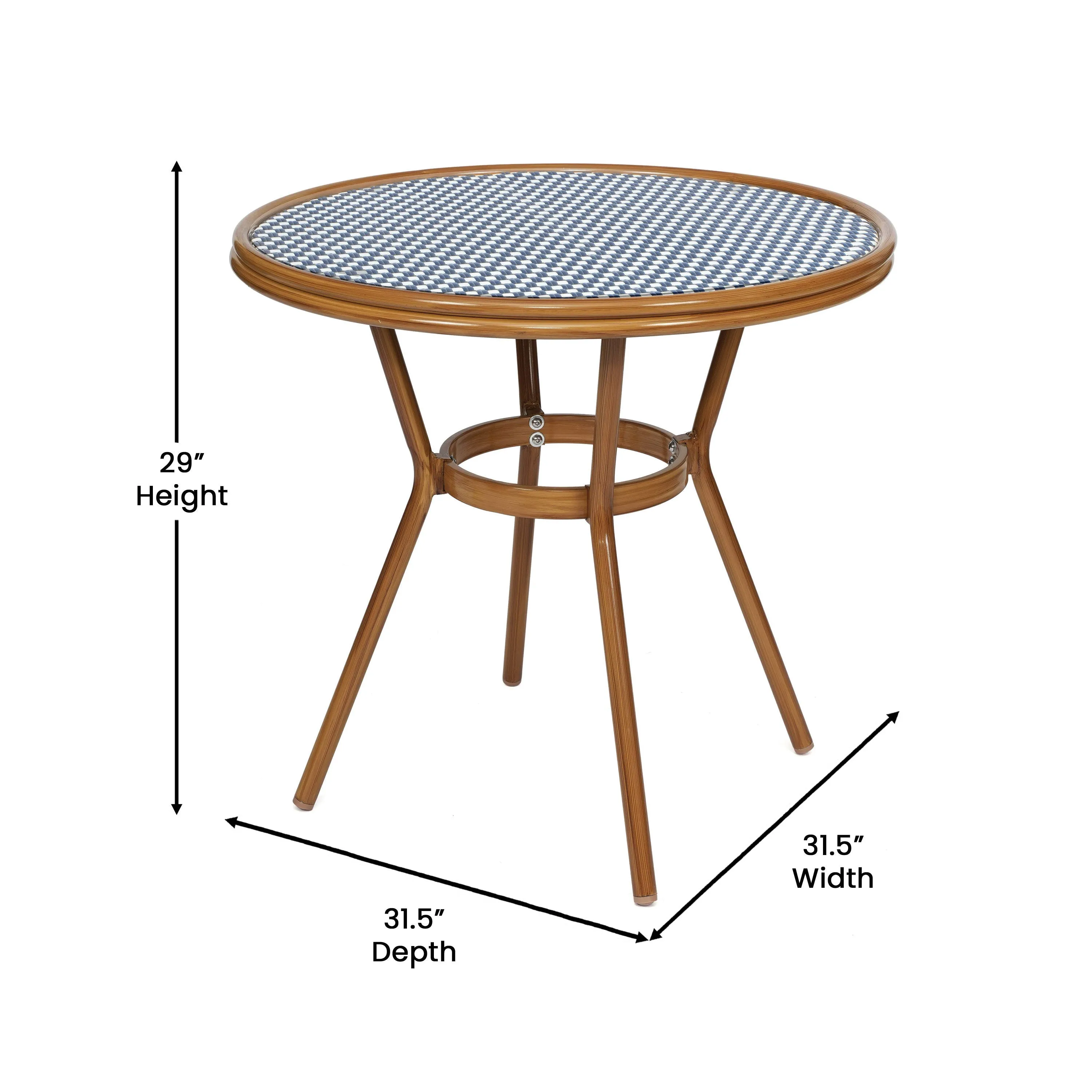 Lourdes Indoor/Outdoor Commercial Bistro 31.5" Table, PE Rattan, Glass Top, Bamboo Print Aluminum Frame