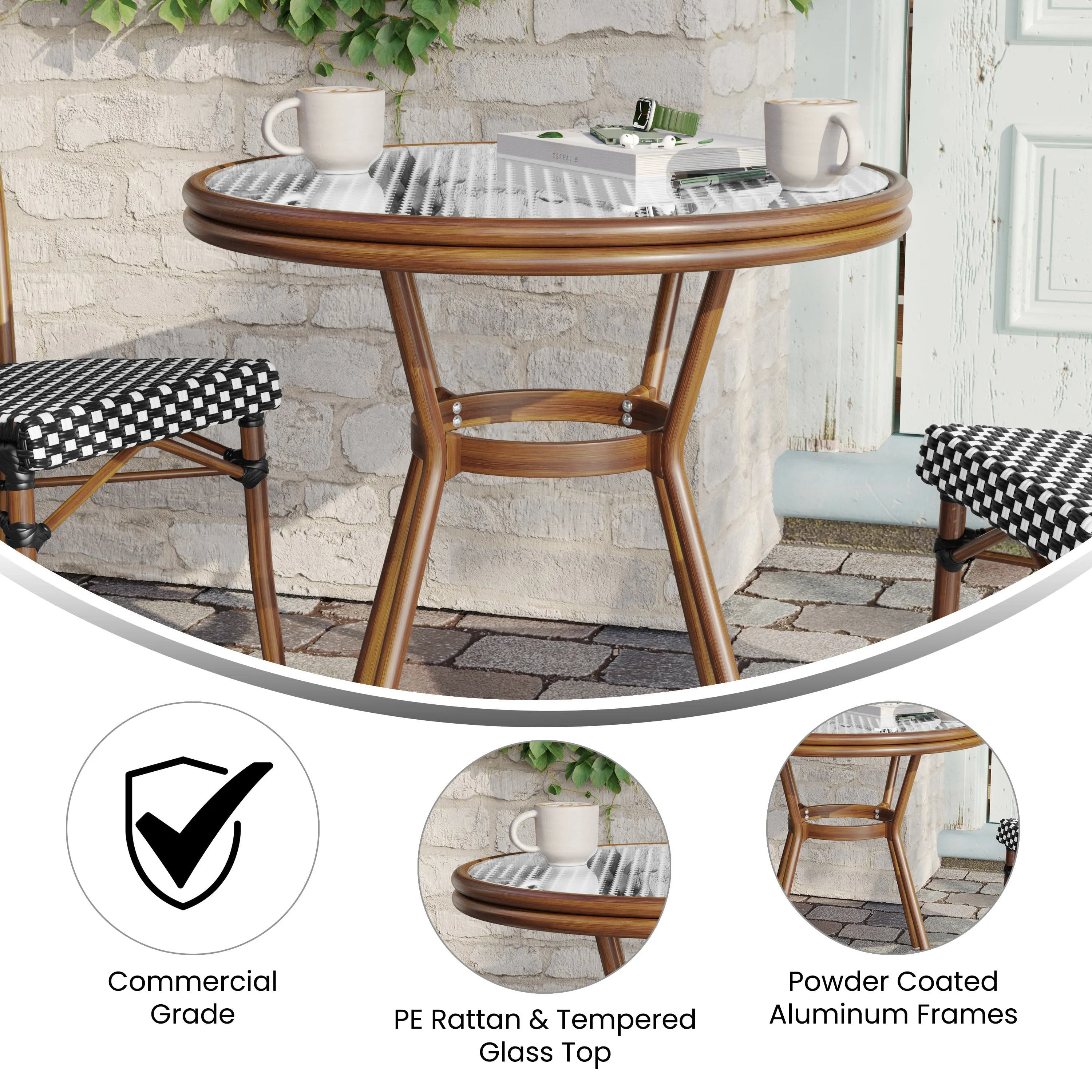 Lourdes Indoor/Outdoor Commercial Bistro 31.5" Table, PE Rattan, Glass Top, Bamboo Print Aluminum Frame