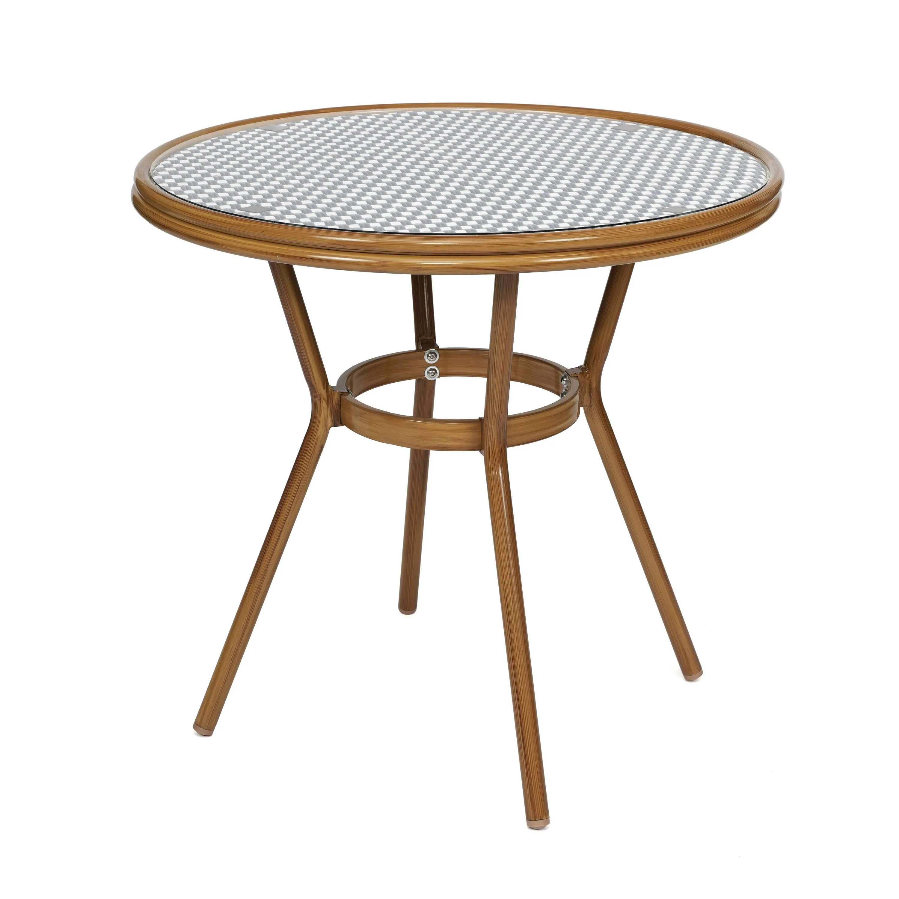 Lourdes Indoor/Outdoor Commercial Bistro 31.5" Table, PE Rattan, Glass Top, Bamboo Print Aluminum Frame