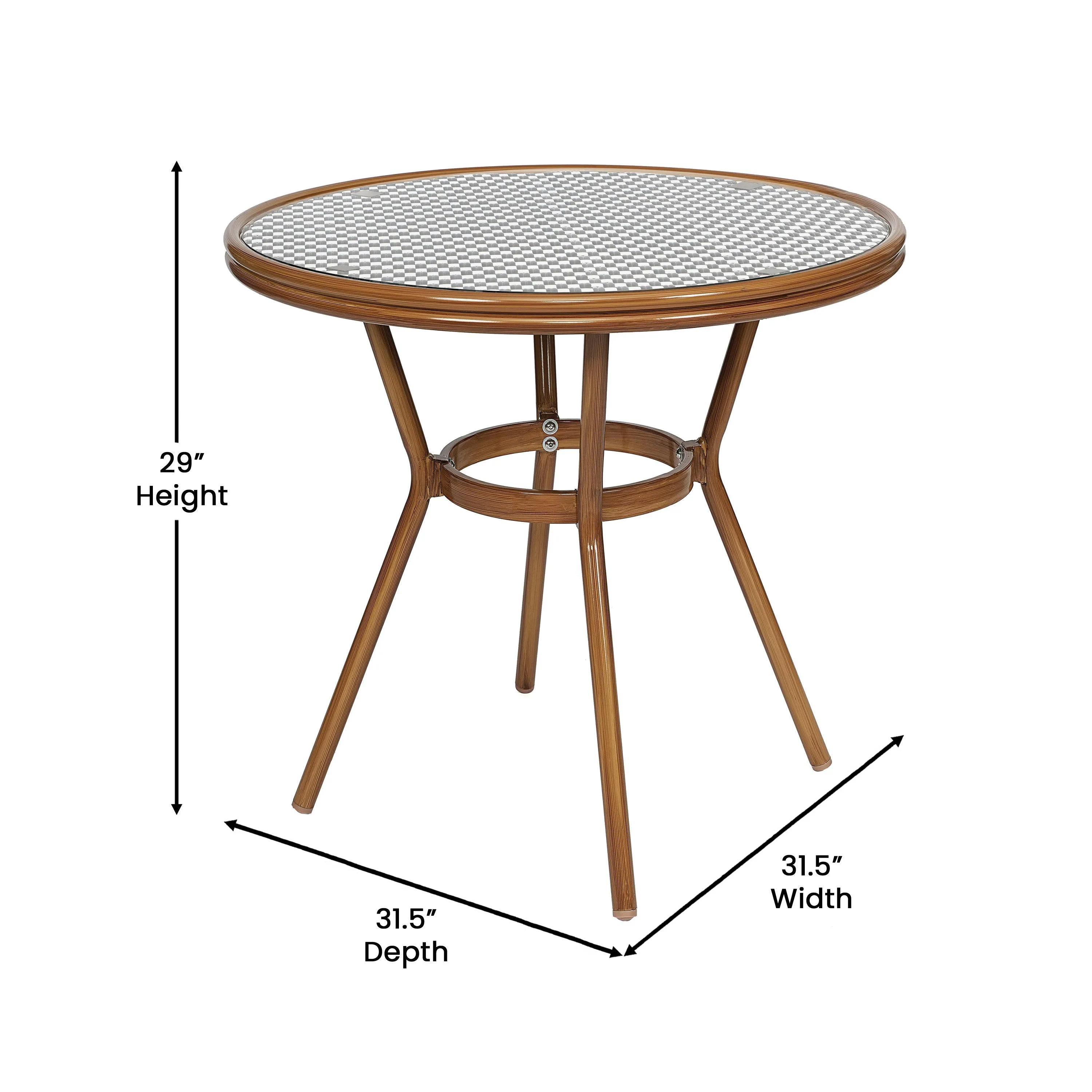 Lourdes Indoor/Outdoor Commercial Bistro 31.5" Table, PE Rattan, Glass Top, Bamboo Print Aluminum Frame