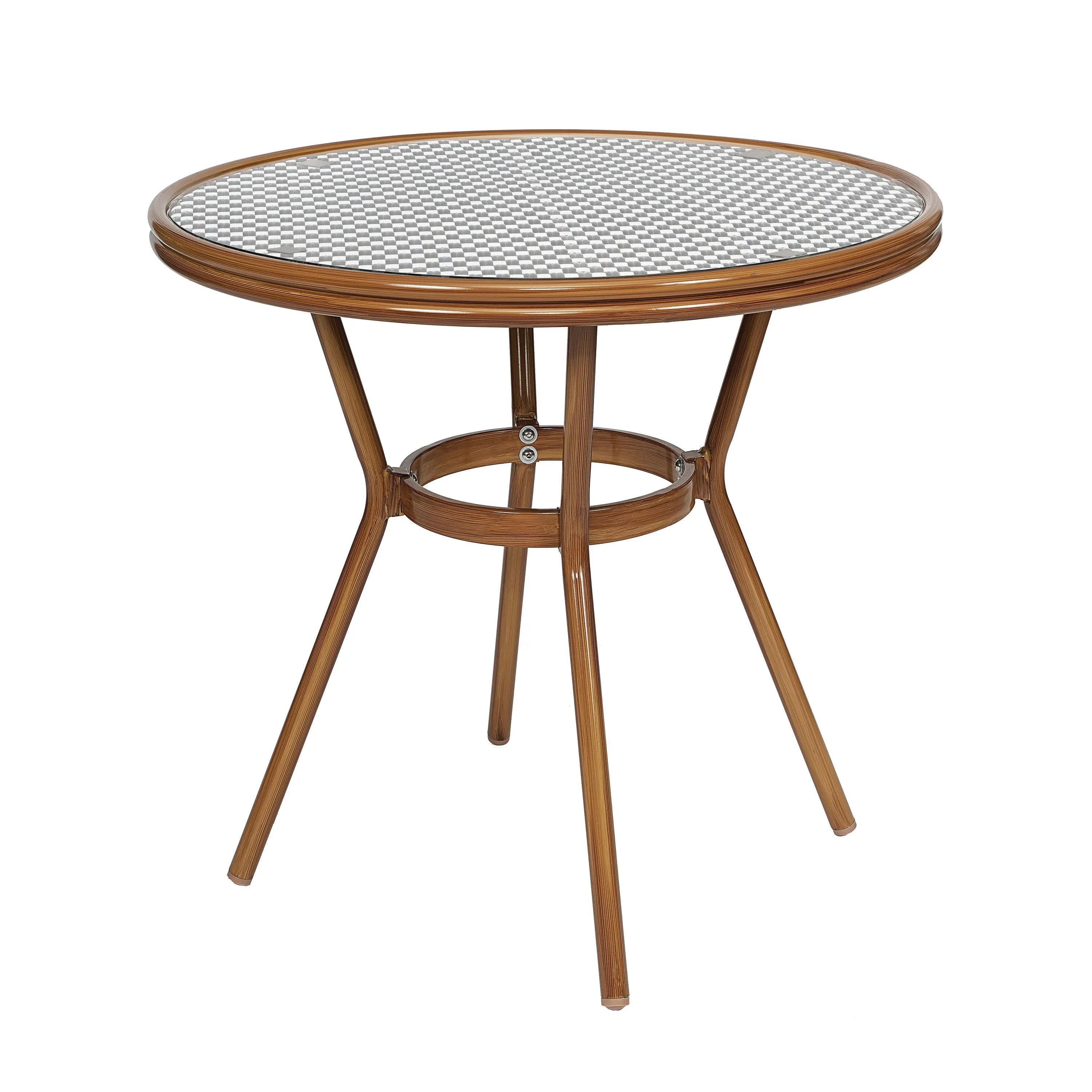 Lourdes Indoor/Outdoor Commercial Bistro 31.5" Table, PE Rattan, Glass Top, Bamboo Print Aluminum Frame