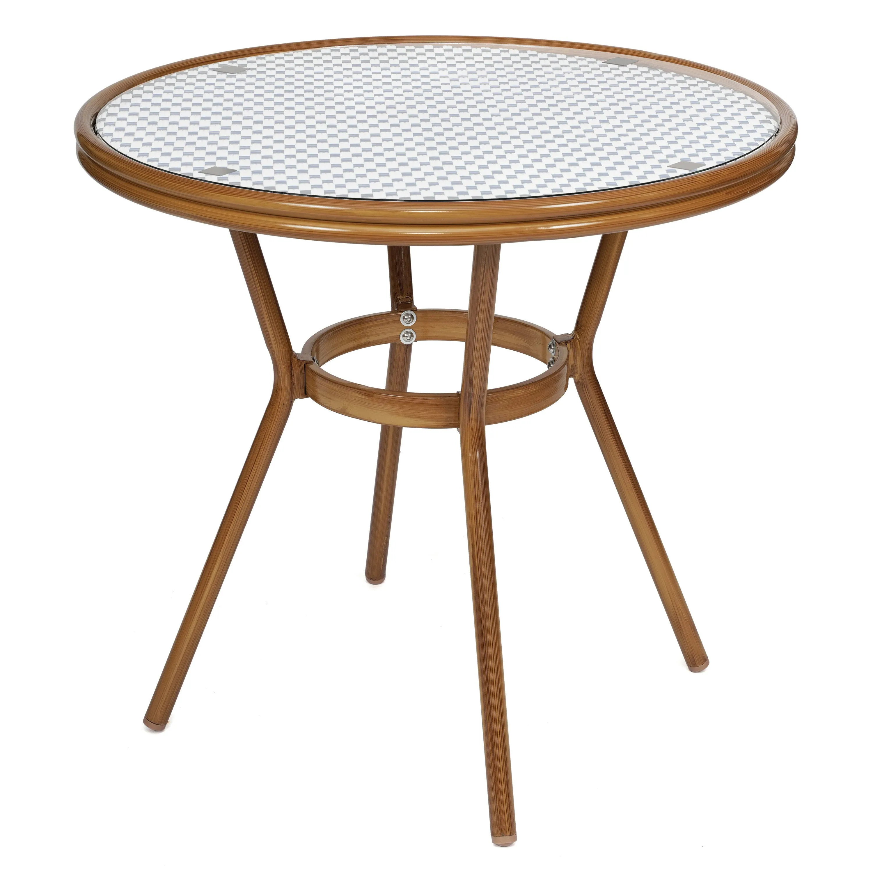 Lourdes Indoor/Outdoor Commercial Bistro 31.5" Table, PE Rattan, Glass Top, Bamboo Print Aluminum Frame