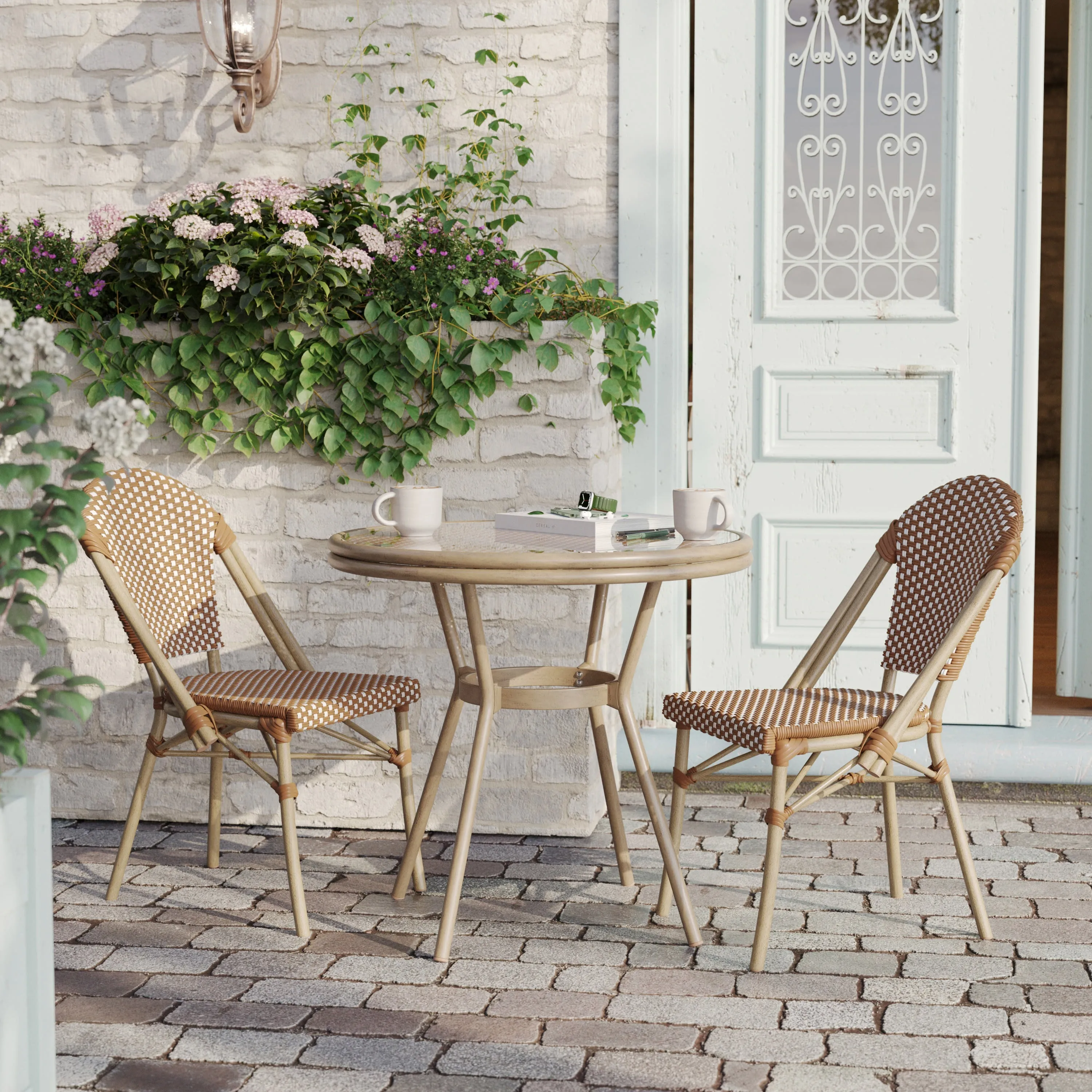 Lourdes Indoor/Outdoor Commercial Bistro 31.5" Table, PE Rattan, Glass Top, Bamboo Print Aluminum Frame