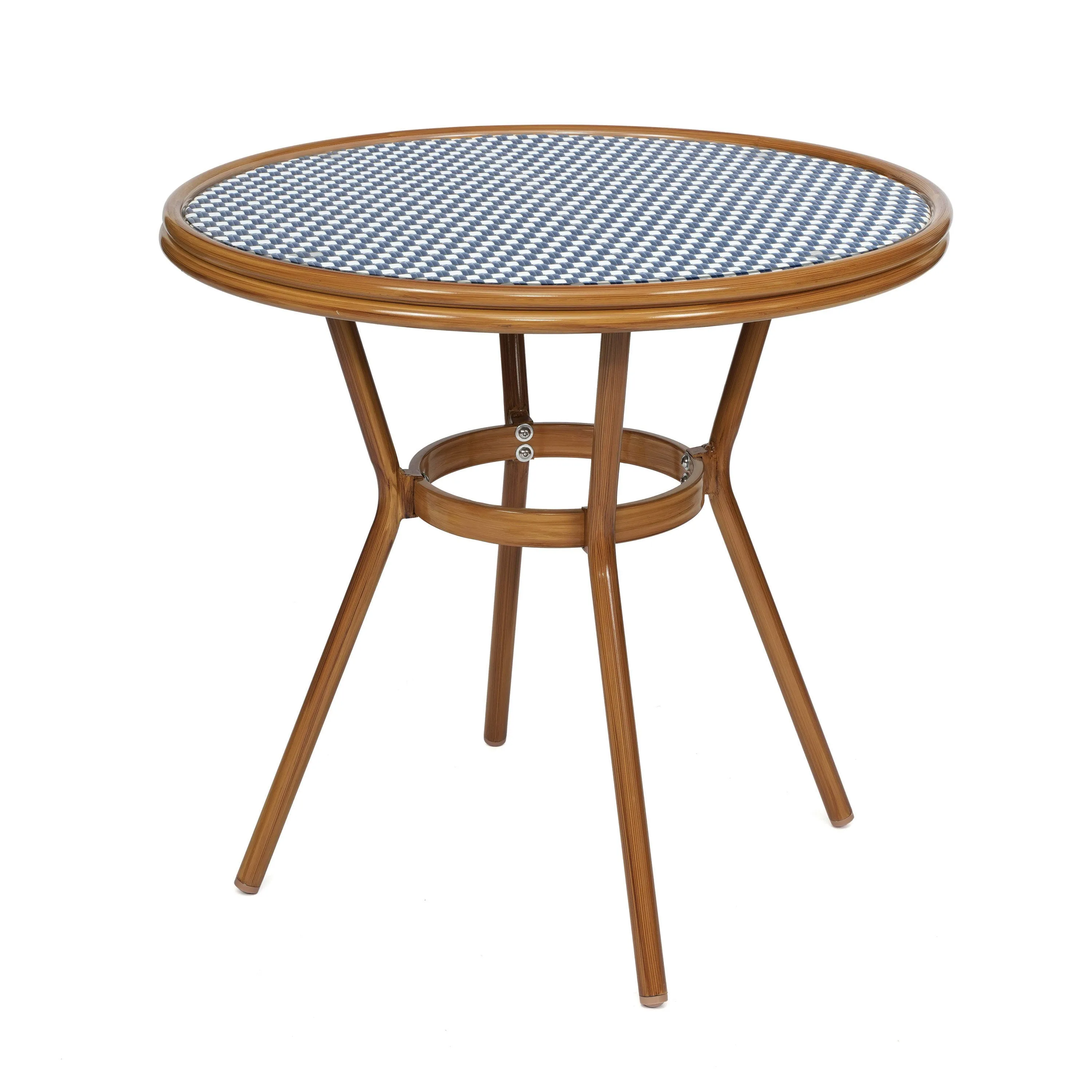 Lourdes Indoor/Outdoor Commercial Bistro 31.5" Table, PE Rattan, Glass Top, Bamboo Print Aluminum Frame