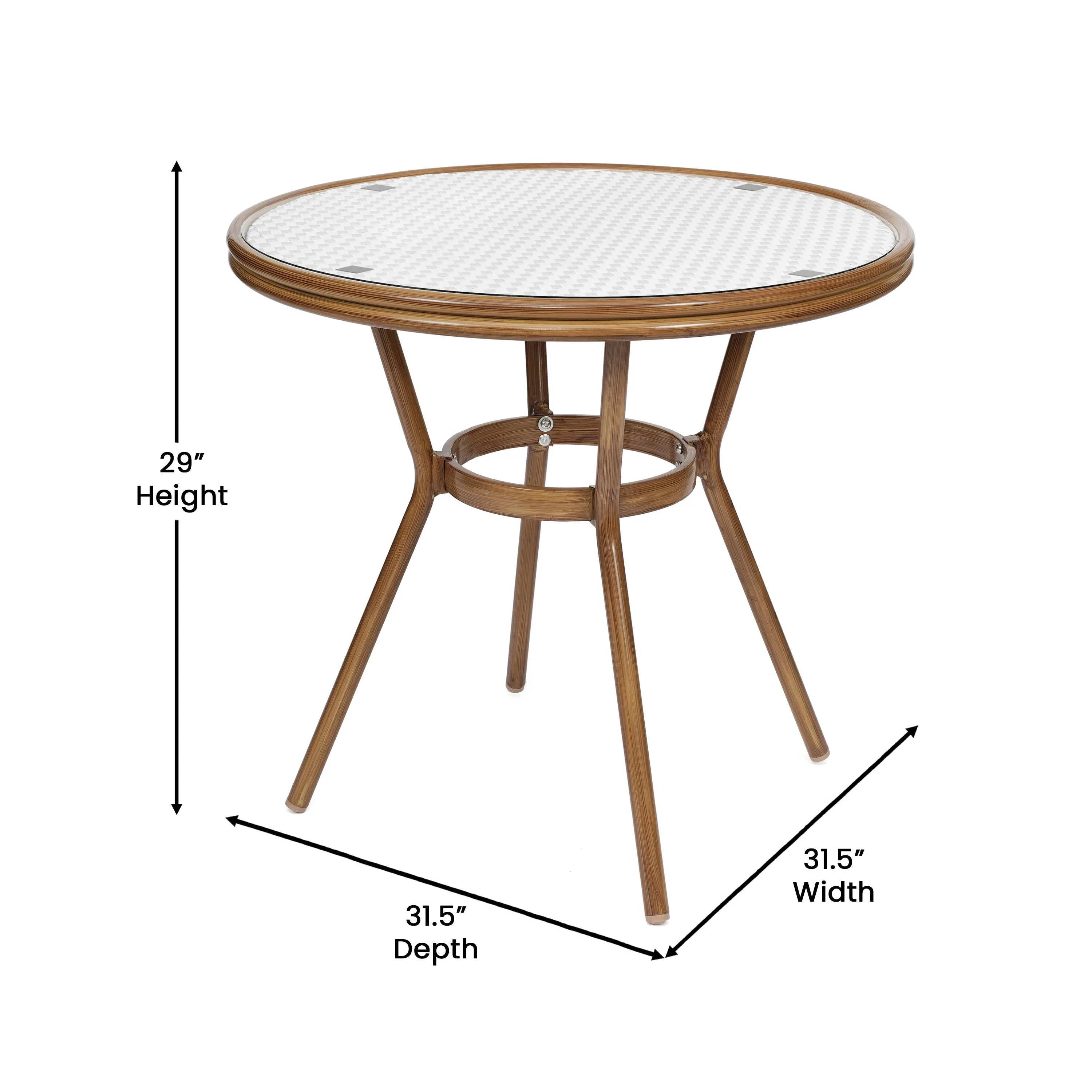 Lourdes Indoor/Outdoor Commercial Bistro 31.5" Table, PE Rattan, Glass Top, Bamboo Print Aluminum Frame