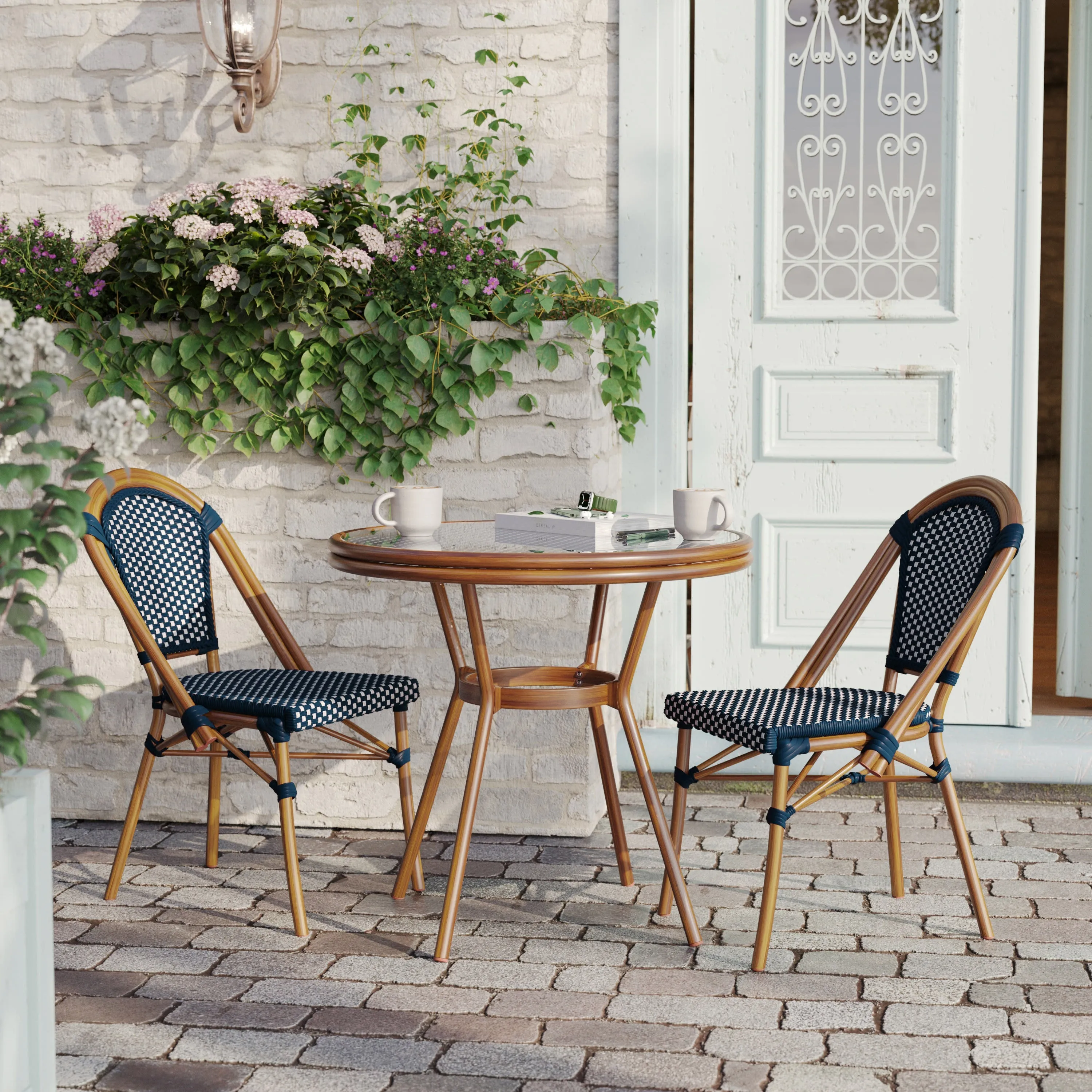 Lourdes Indoor/Outdoor Commercial Bistro 31.5" Table, PE Rattan, Glass Top, Bamboo Print Aluminum Frame