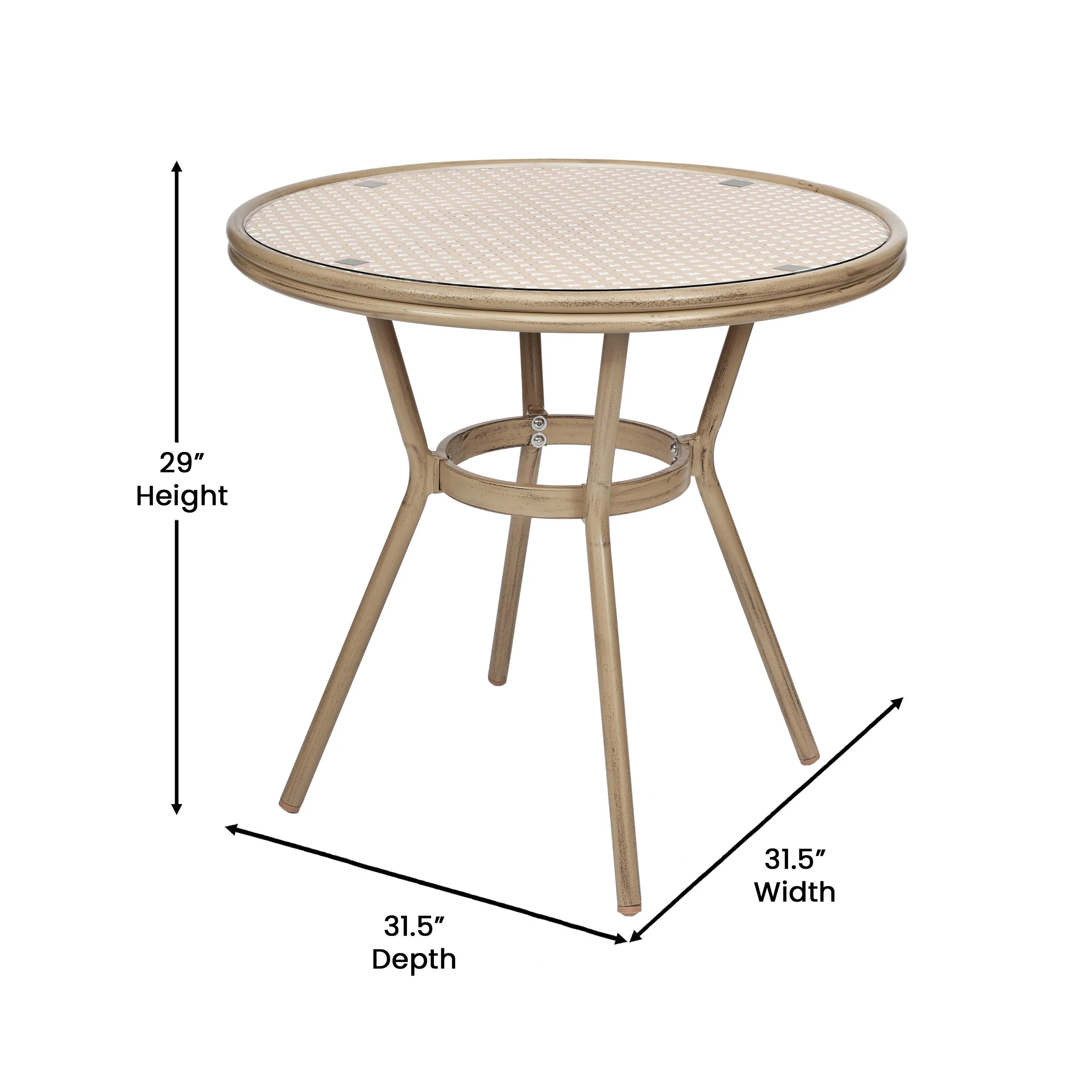 Lourdes Indoor/Outdoor Commercial Bistro 31.5" Table, PE Rattan, Glass Top, Bamboo Print Aluminum Frame