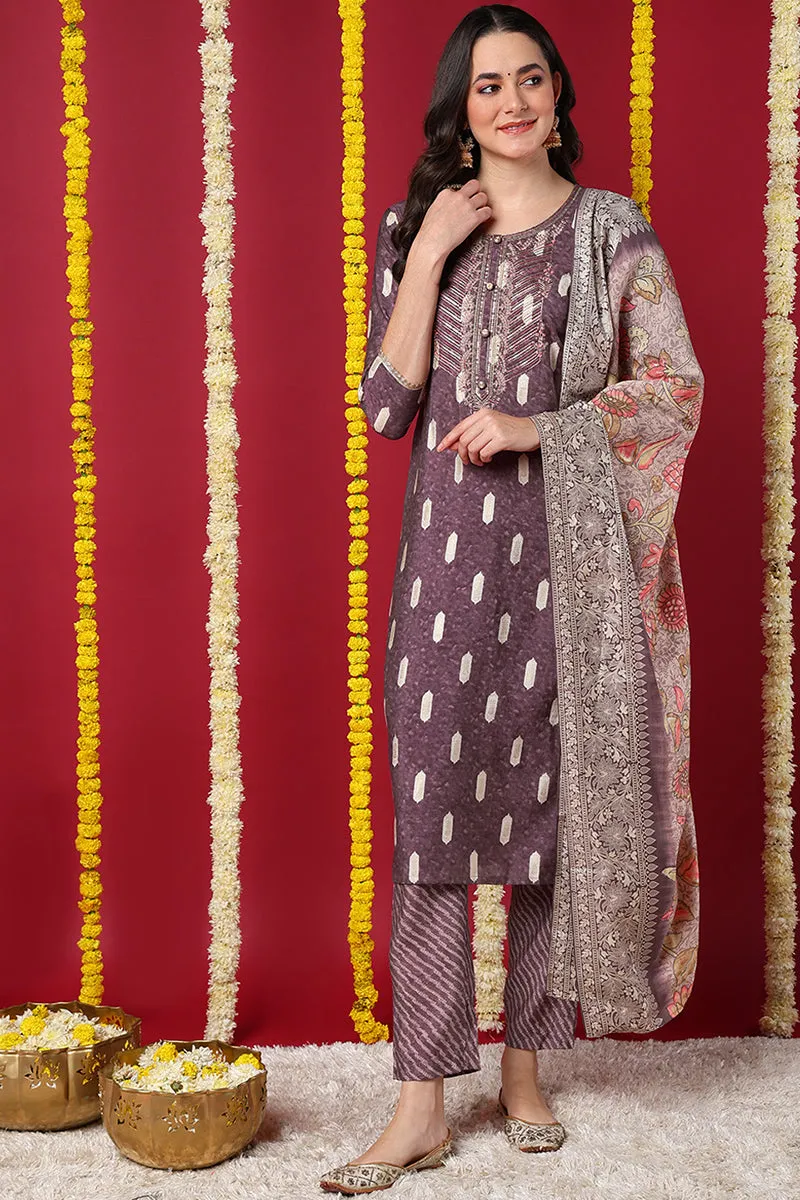 Mauve Silk Blend Ethnic Motifs Embroidered Straight Suit Set