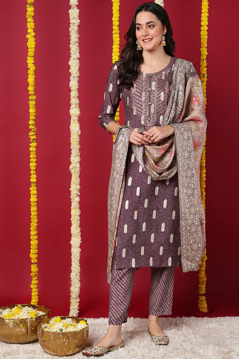 Mauve Silk Blend Ethnic Motifs Embroidered Straight Suit Set