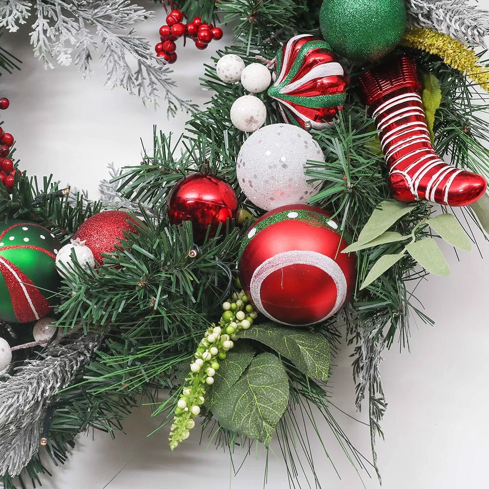 Merry and Bright Bold Christmas Sparkling Wreath, Red and Green Onrament Baubles