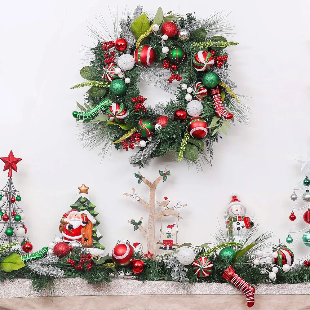 Merry and Bright Bold Christmas Sparkling Wreath, Red and Green Onrament Baubles