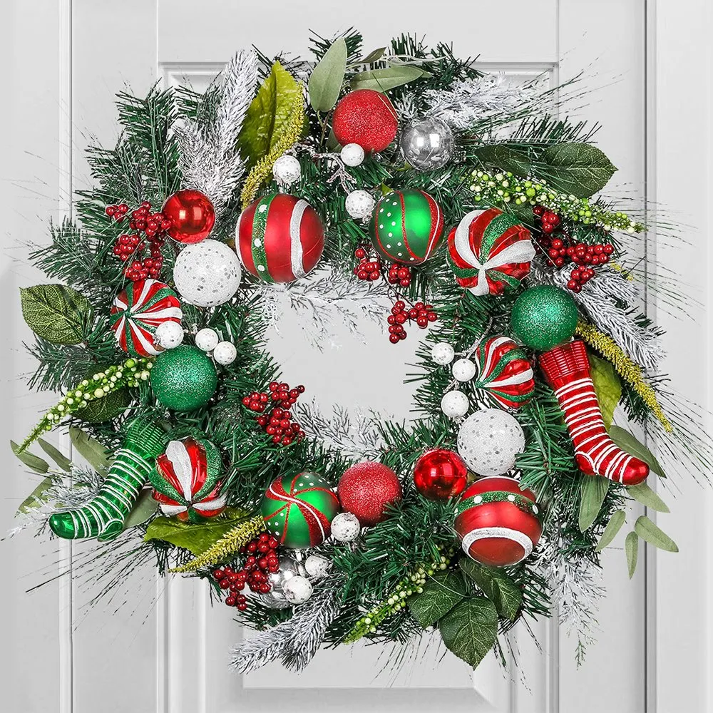 Merry and Bright Bold Christmas Sparkling Wreath, Red and Green Onrament Baubles