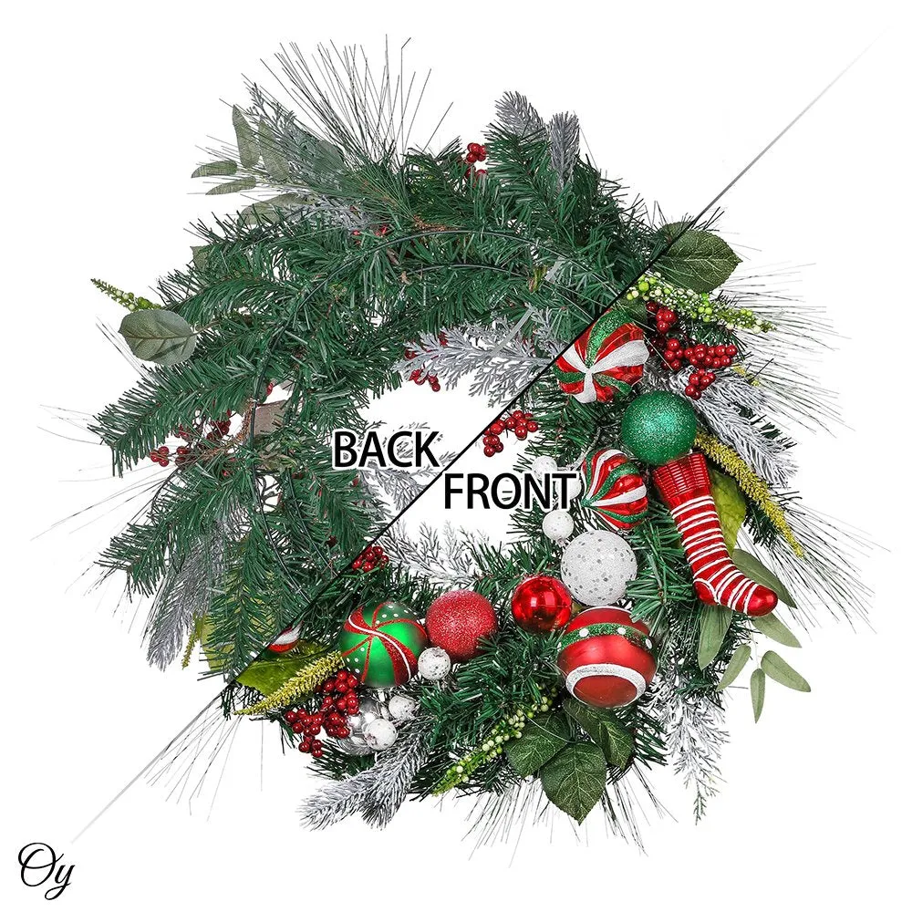 Merry and Bright Bold Christmas Sparkling Wreath, Red and Green Onrament Baubles