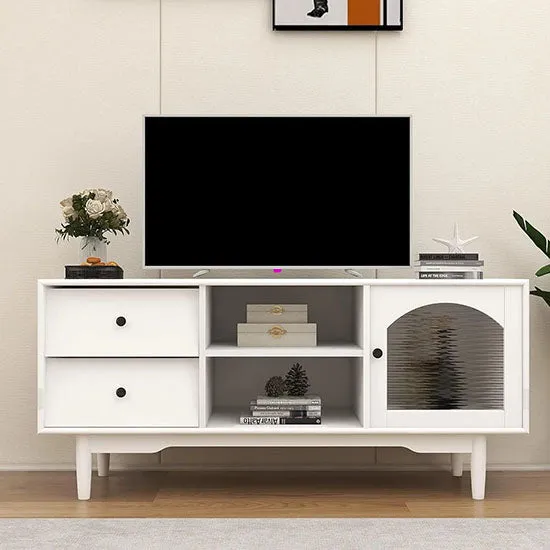 Modern Elegant White TV Stand Tables With Storage Compartments and Glass Door Cabinet