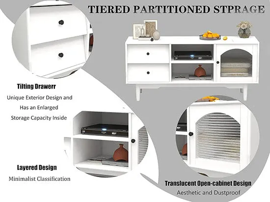 Modern Elegant White TV Stand Tables With Storage Compartments and Glass Door Cabinet