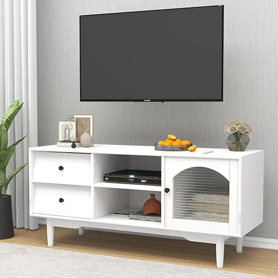 Modern Elegant White TV Stand Tables With Storage Compartments and Glass Door Cabinet