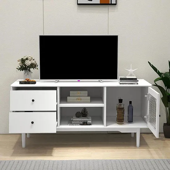 Modern Elegant White TV Stand Tables With Storage Compartments and Glass Door Cabinet