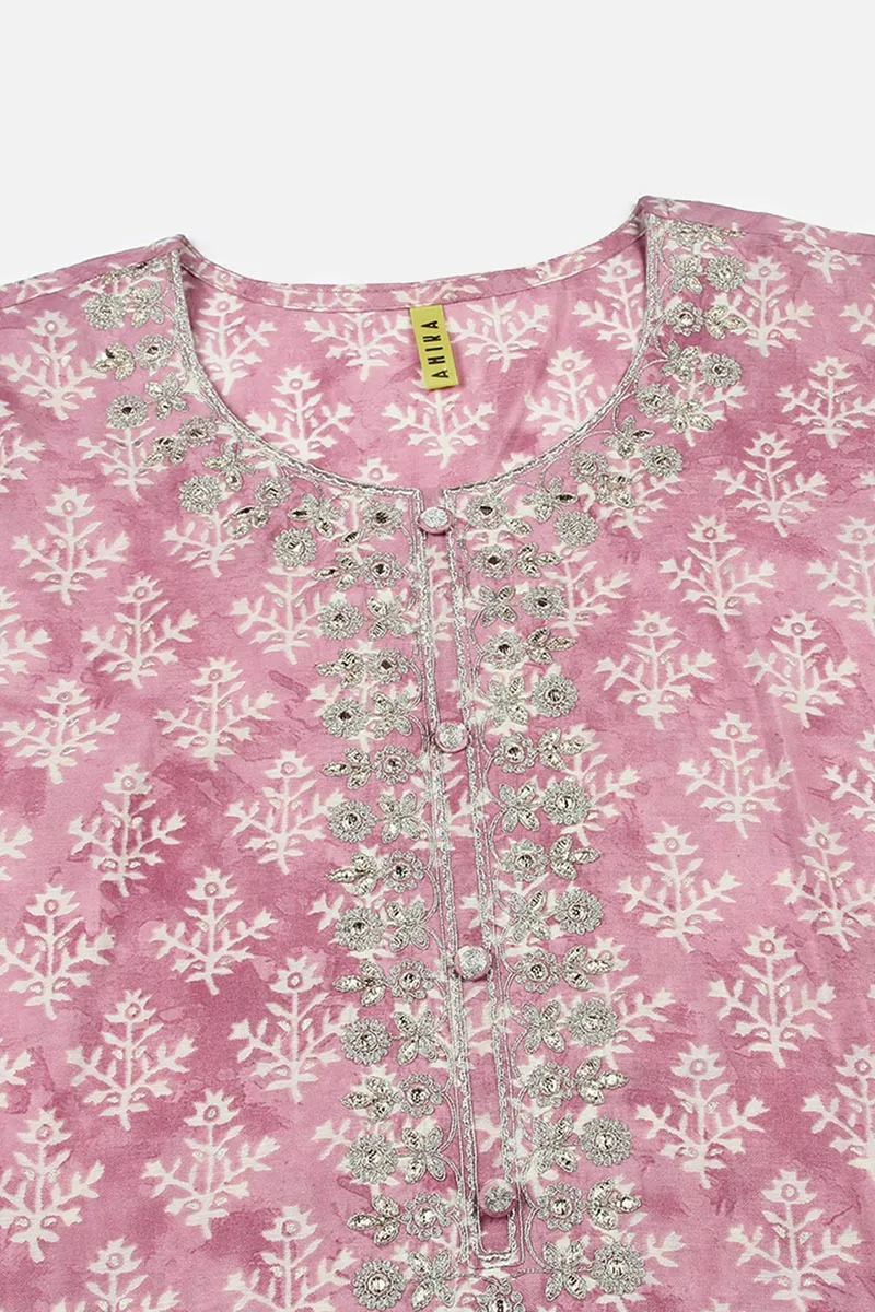 Pink Silk Blend Ethnic Motifs Embroidered Straight Kurta