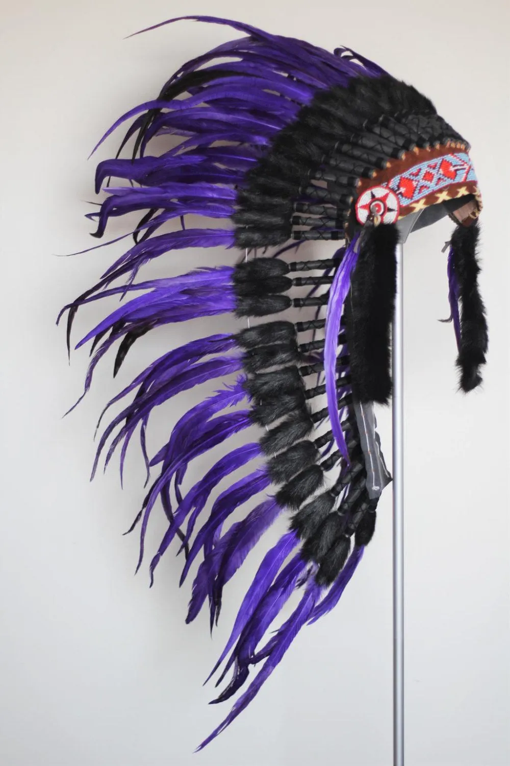 PRICE REDUCED . Y03 Medium Purple Indian Style Feather Headdress / Native American Style Warbonnet (36 inch long ).