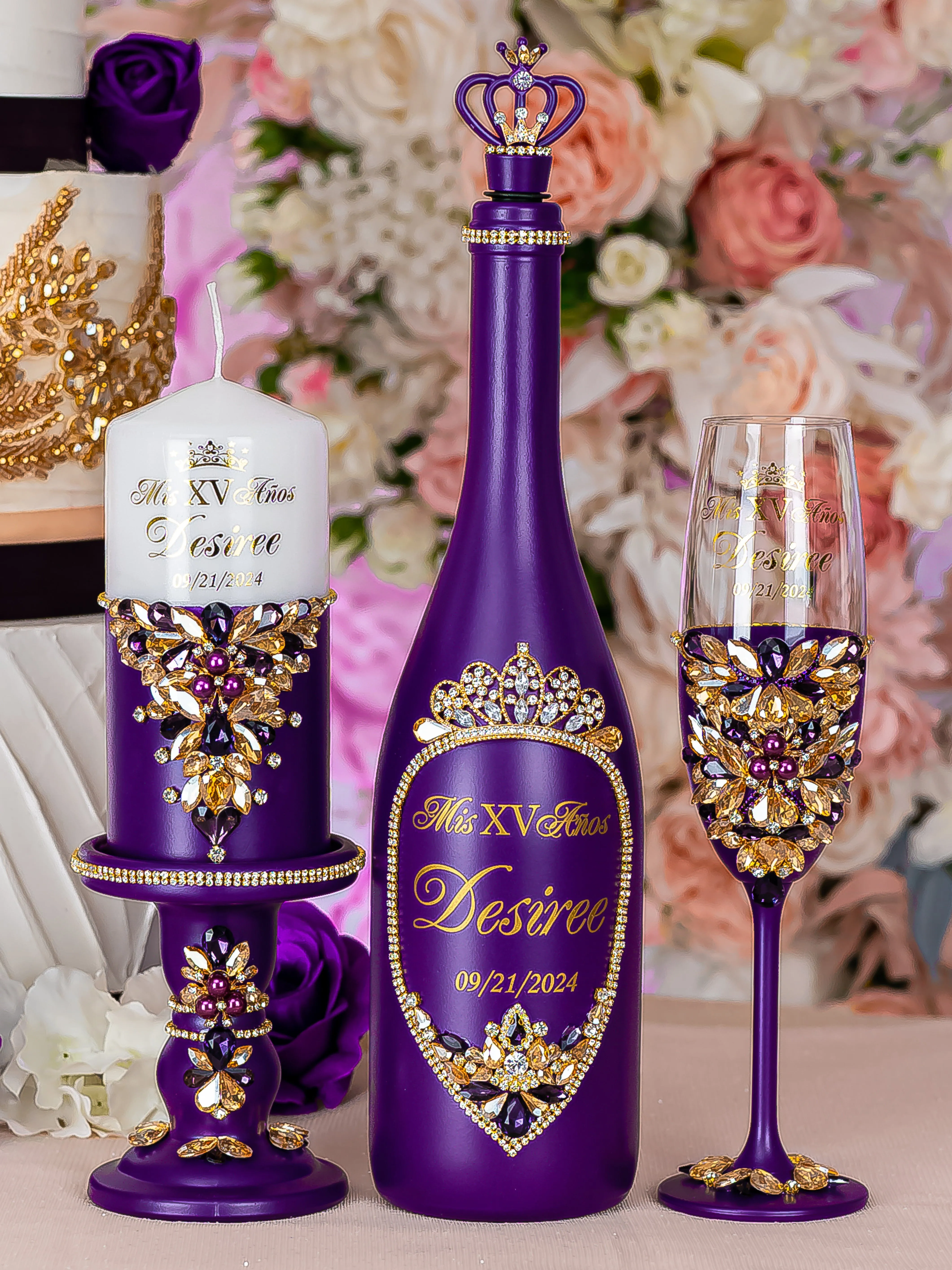 Purple Gold Quinceanera Bottle with 1 Glass