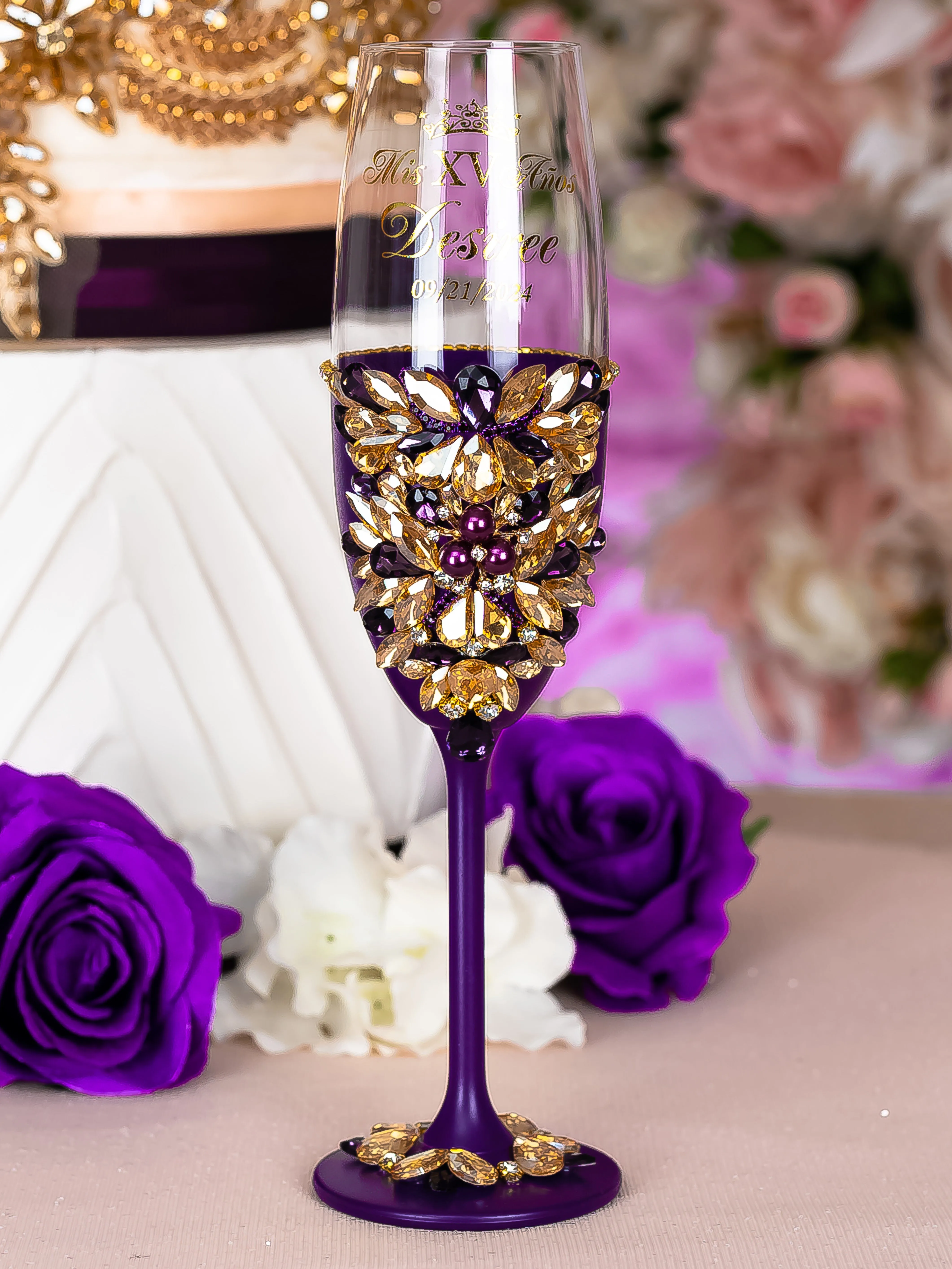 Purple Gold Quinceanera Bottle with 1 Glass