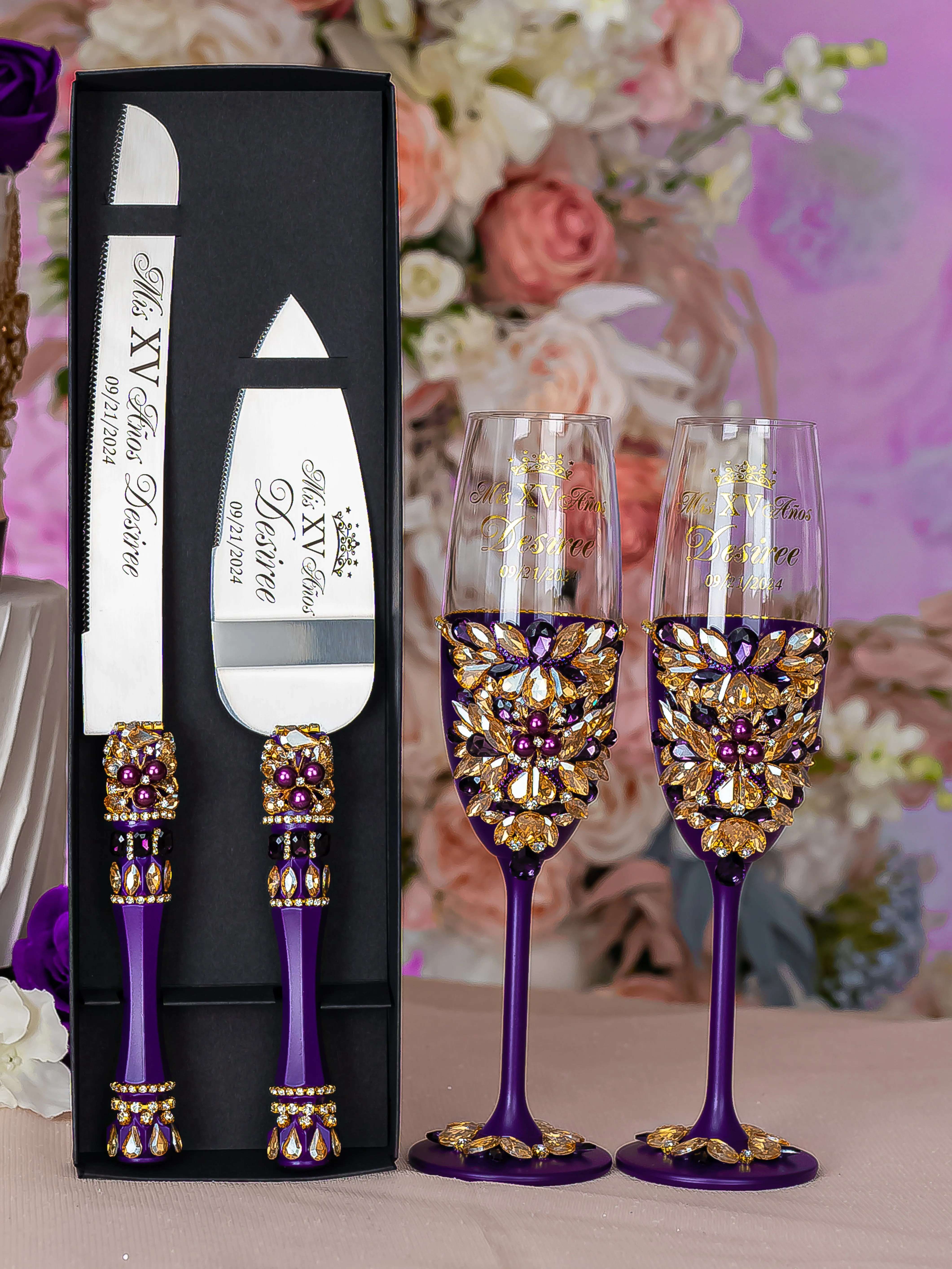 Purple Gold Quinceanera Bottle with 1 Glass