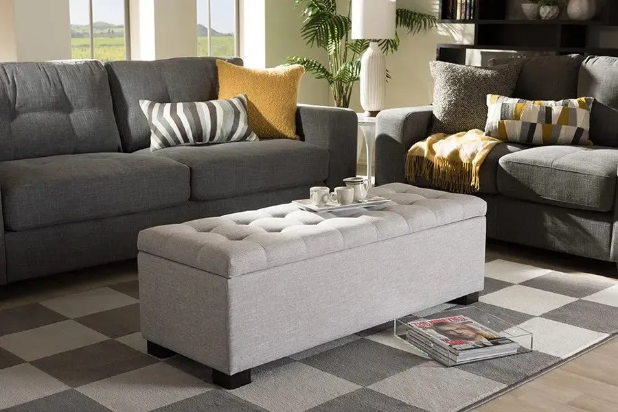 Roanoke Grayish Beige Fabric Upholstered Grid-Tufting Storage Ottoman Bench