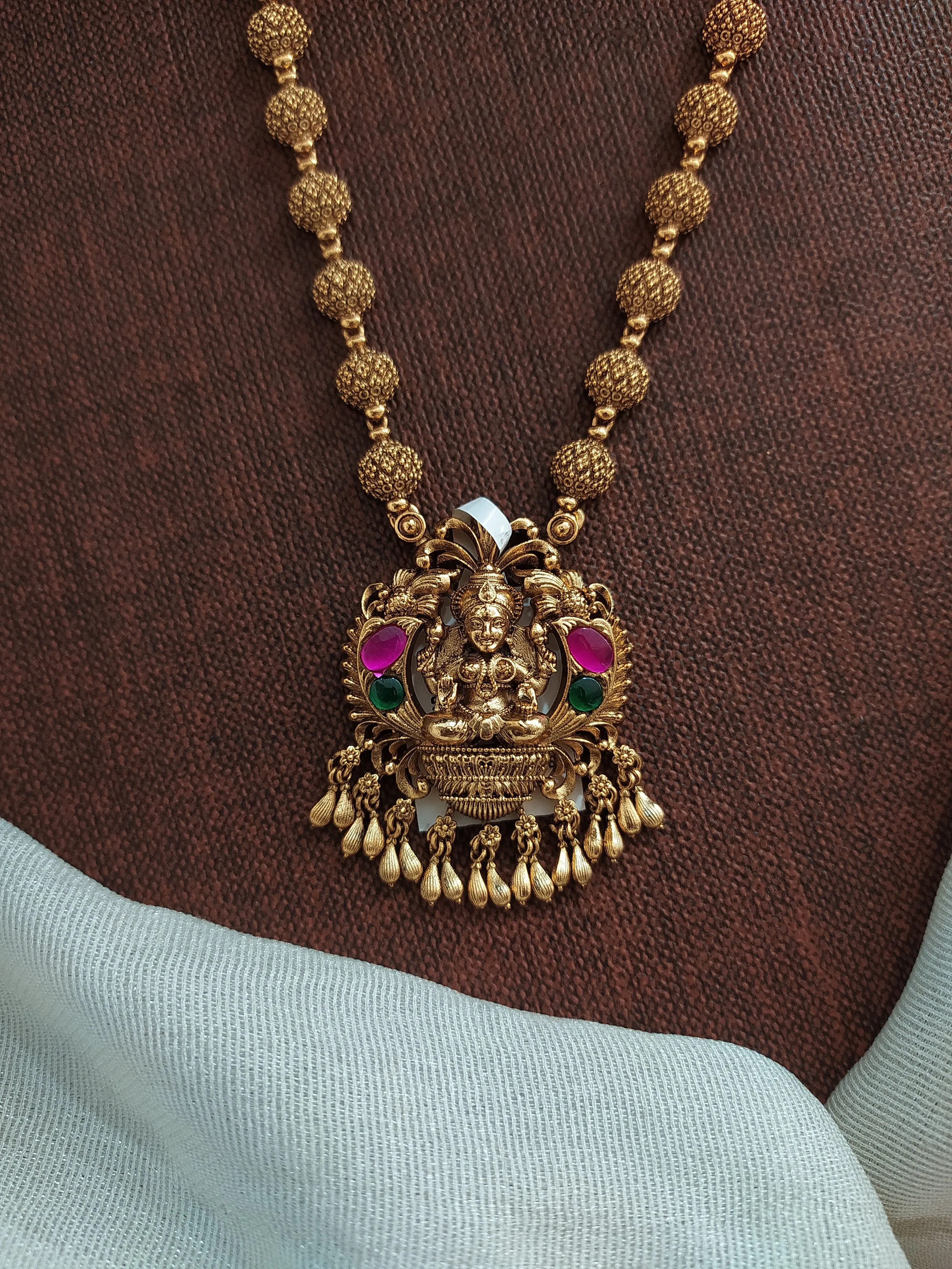 Simple Antique Mala Set with Lakshmi Pendant & Matching Studs