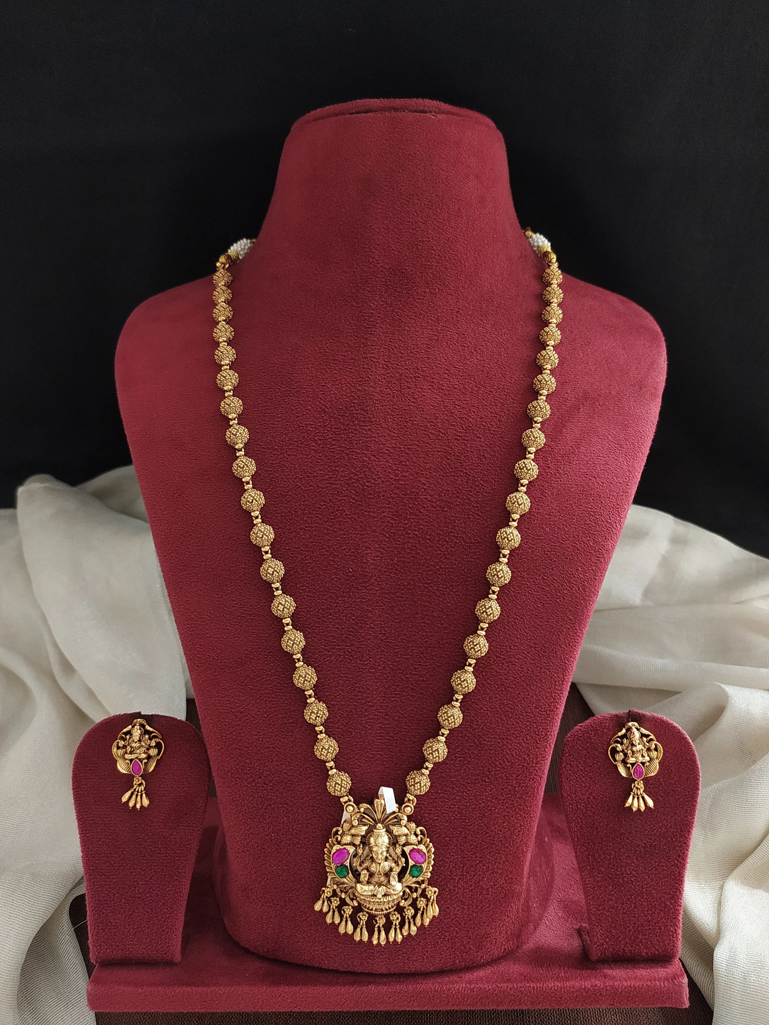 Simple Antique Mala Set with Lakshmi Pendant & Matching Studs