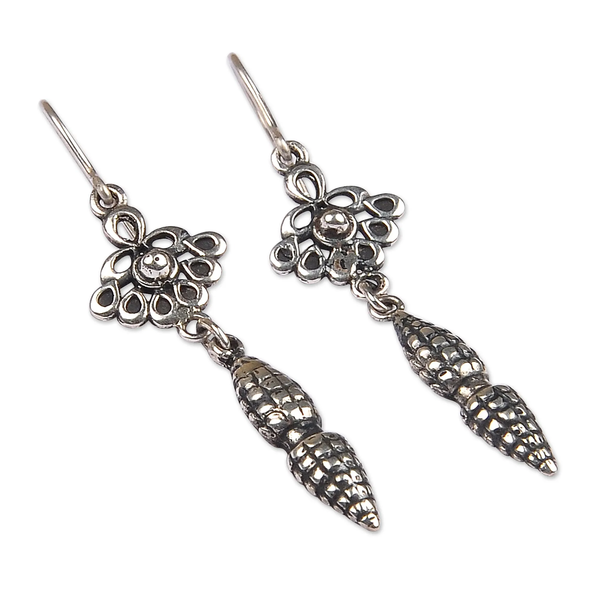 Sterling Silver Tulip Dangle Earrings with Antique Finish - Budding Tulips | NOVICA