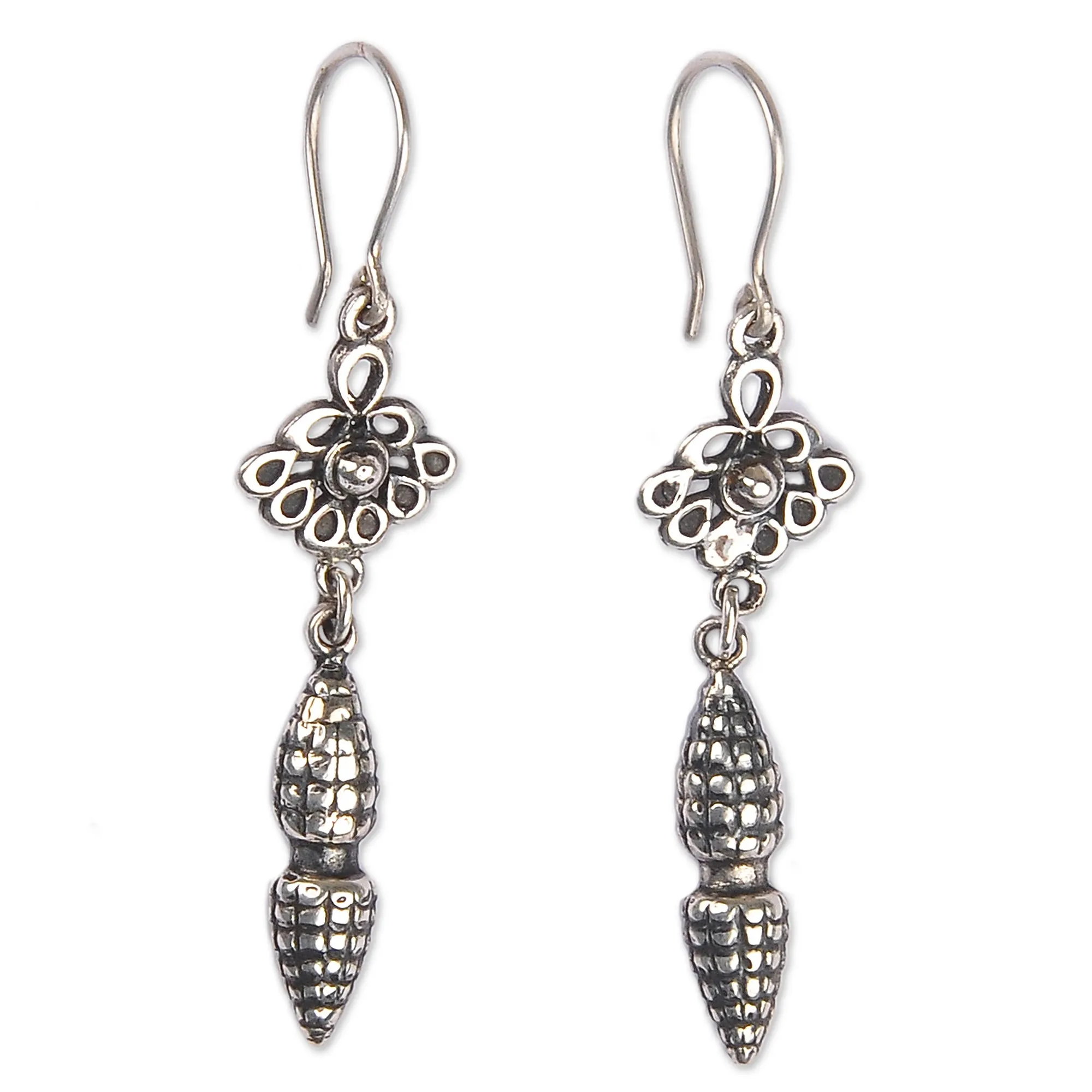 Sterling Silver Tulip Dangle Earrings with Antique Finish - Budding Tulips | NOVICA