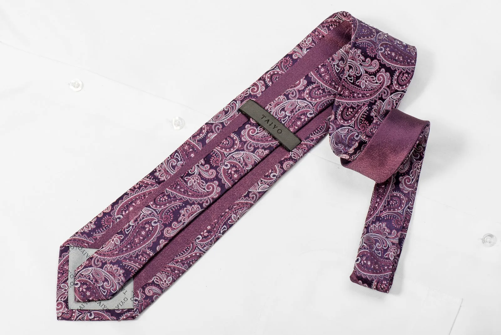 Taiyo Men's Crystal Silk Necktie Paisley On Purple Sparkling With Rhinestones