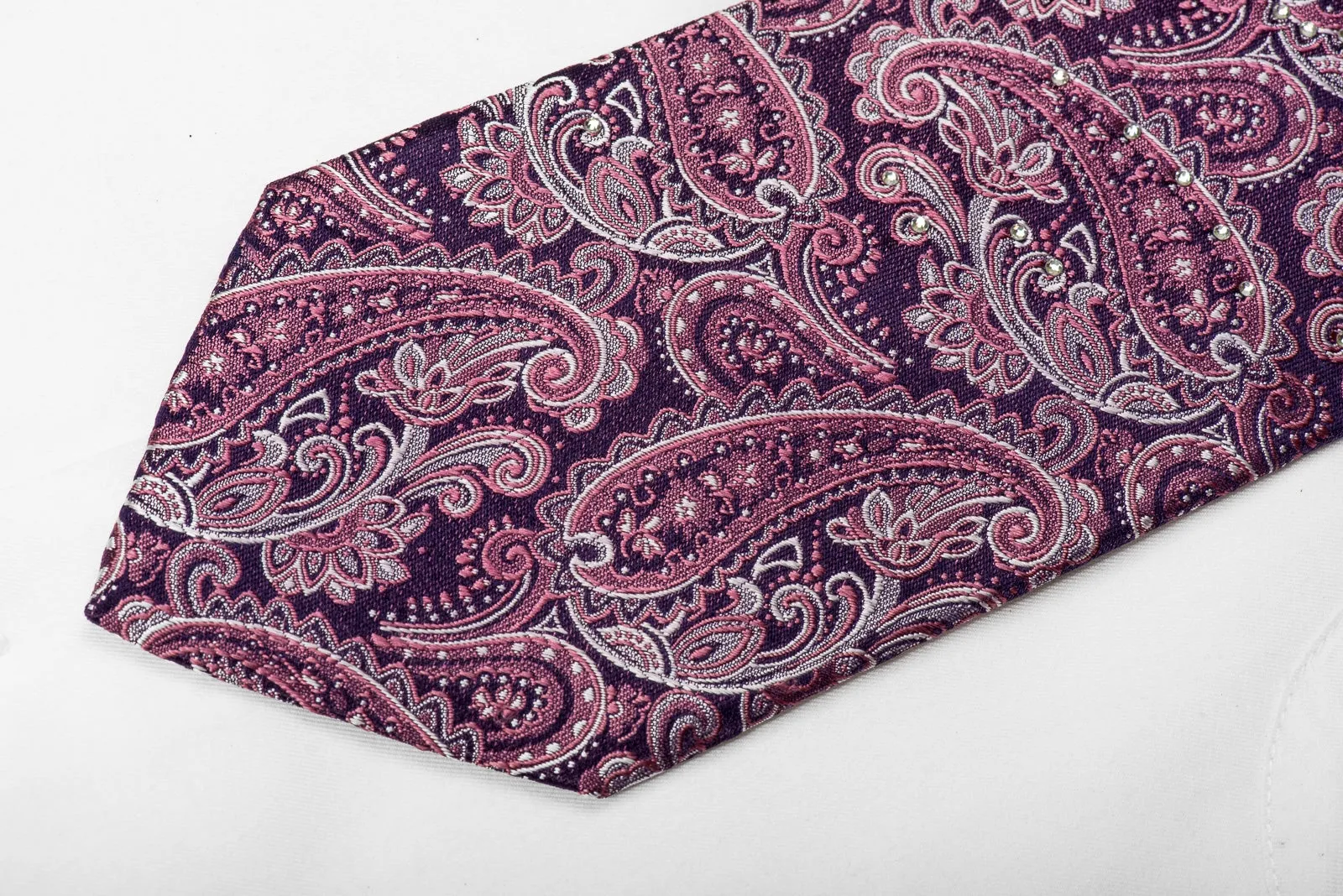 Taiyo Men's Crystal Silk Necktie Paisley On Purple Sparkling With Rhinestones