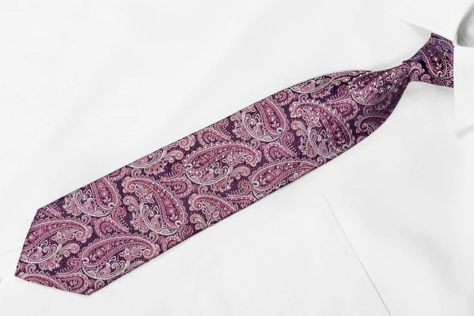 Taiyo Men's Crystal Silk Necktie Paisley On Purple Sparkling With Rhinestones