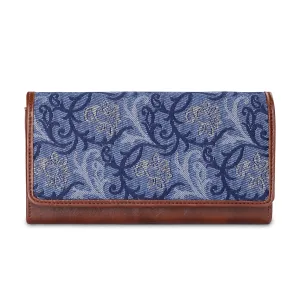 THE CLOWNFISH Sharon Collection Tapestry Fabric & Faux Leather Snap Flap Closure Womens Wallet Clutch Ladies Purse with Multiple Card Holders (Blue-Floral)