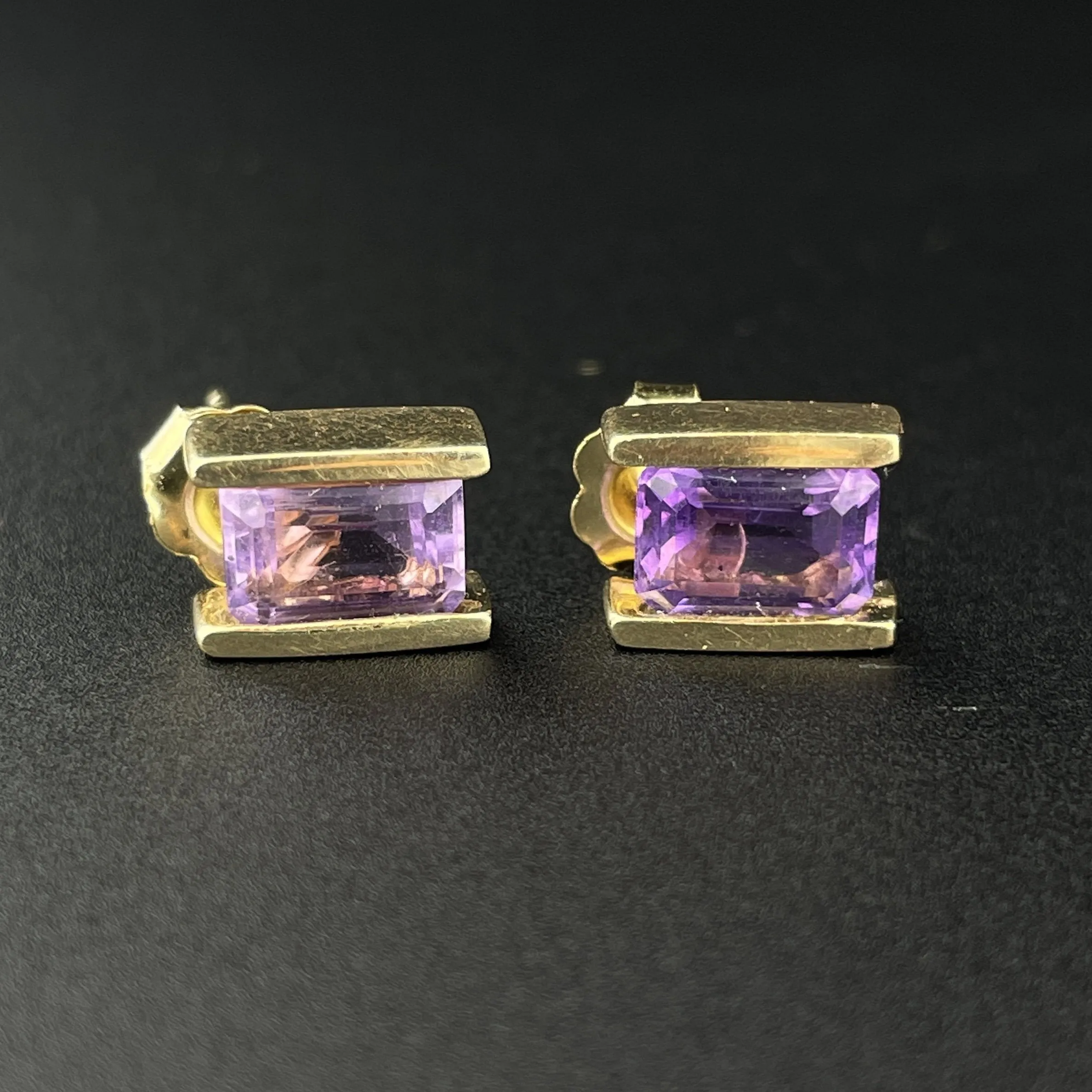 Vintage 14K Gold 1.3 CTW Amethyst Channel Set Stud Earrings