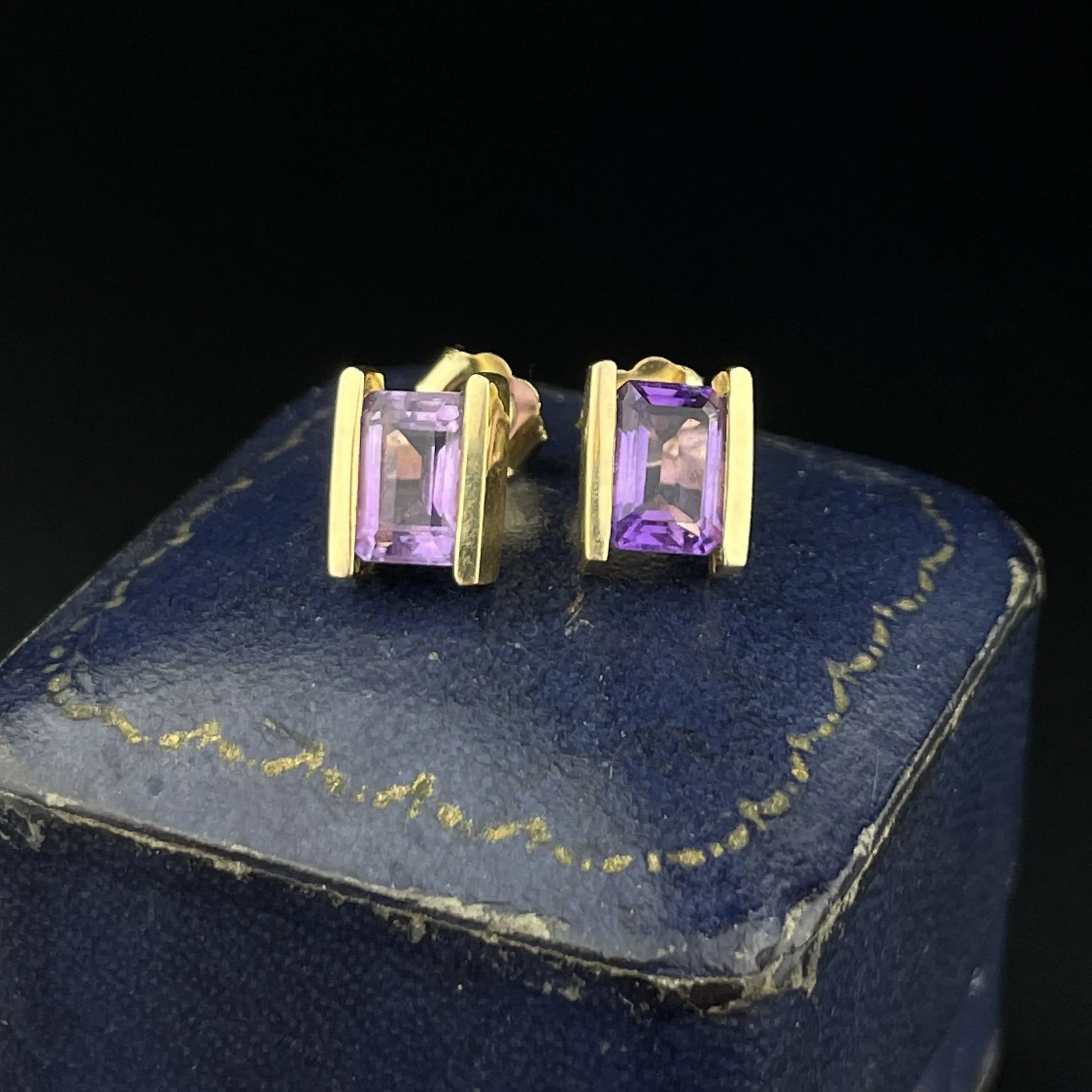 Vintage 14K Gold 1.3 CTW Amethyst Channel Set Stud Earrings